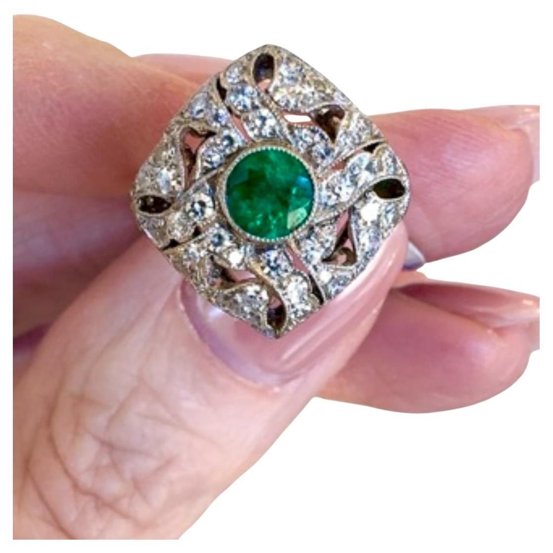 Emerald Cut Art Deco Platinum Ring with Diamonds and Emerald For Sale