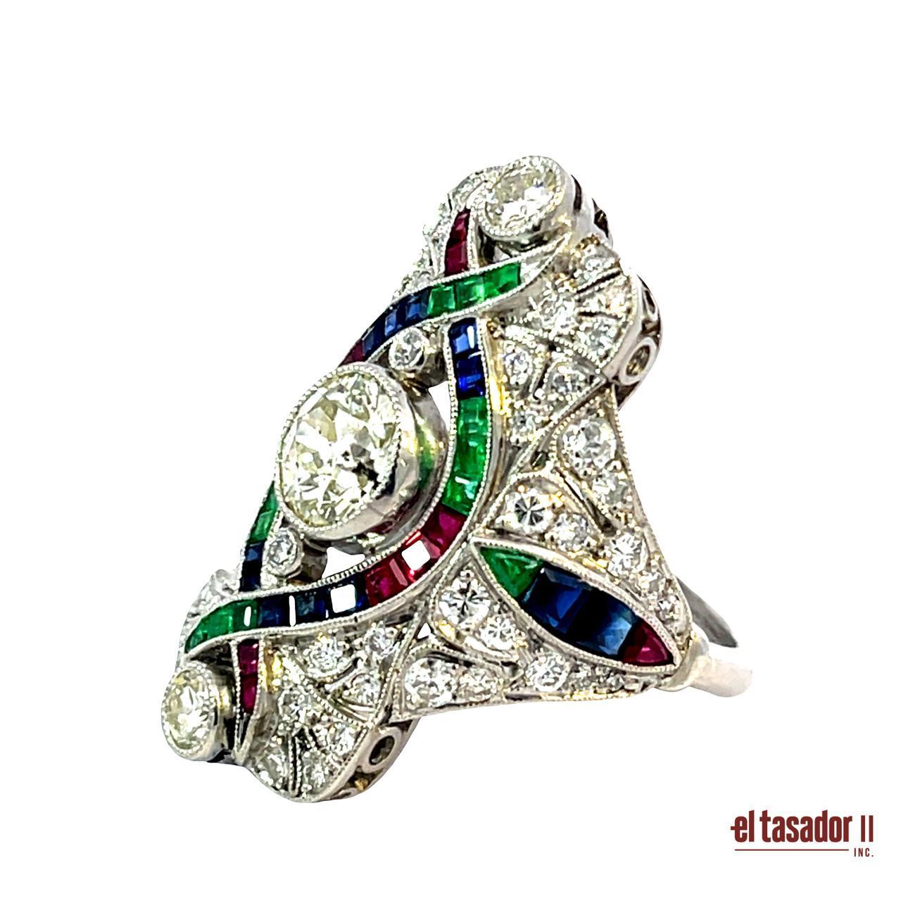 Taglio brillante Anello Art Déco in platino con diamanti e intarsio di più pietre preziose in vendita