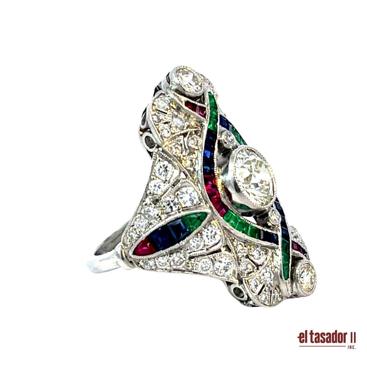 Anello Art Déco in platino con diamanti e intarsio di più pietre preziose In condizioni Nuovo in vendita a Aventura, FL
