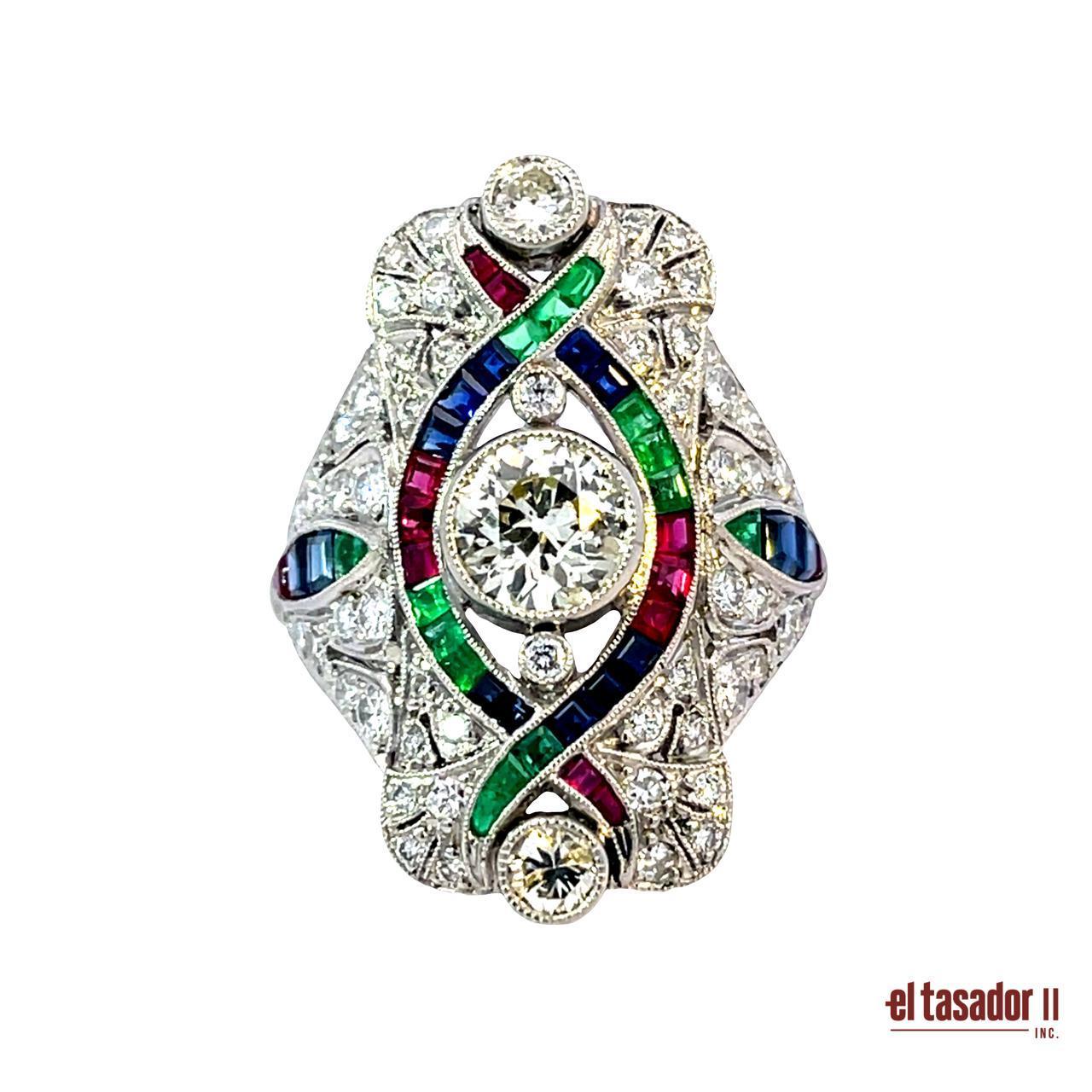 Donna Anello Art Déco in platino con diamanti e intarsio di più pietre preziose in vendita