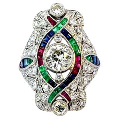 Anello Art Déco in platino con diamanti e intarsio di più pietre preziose