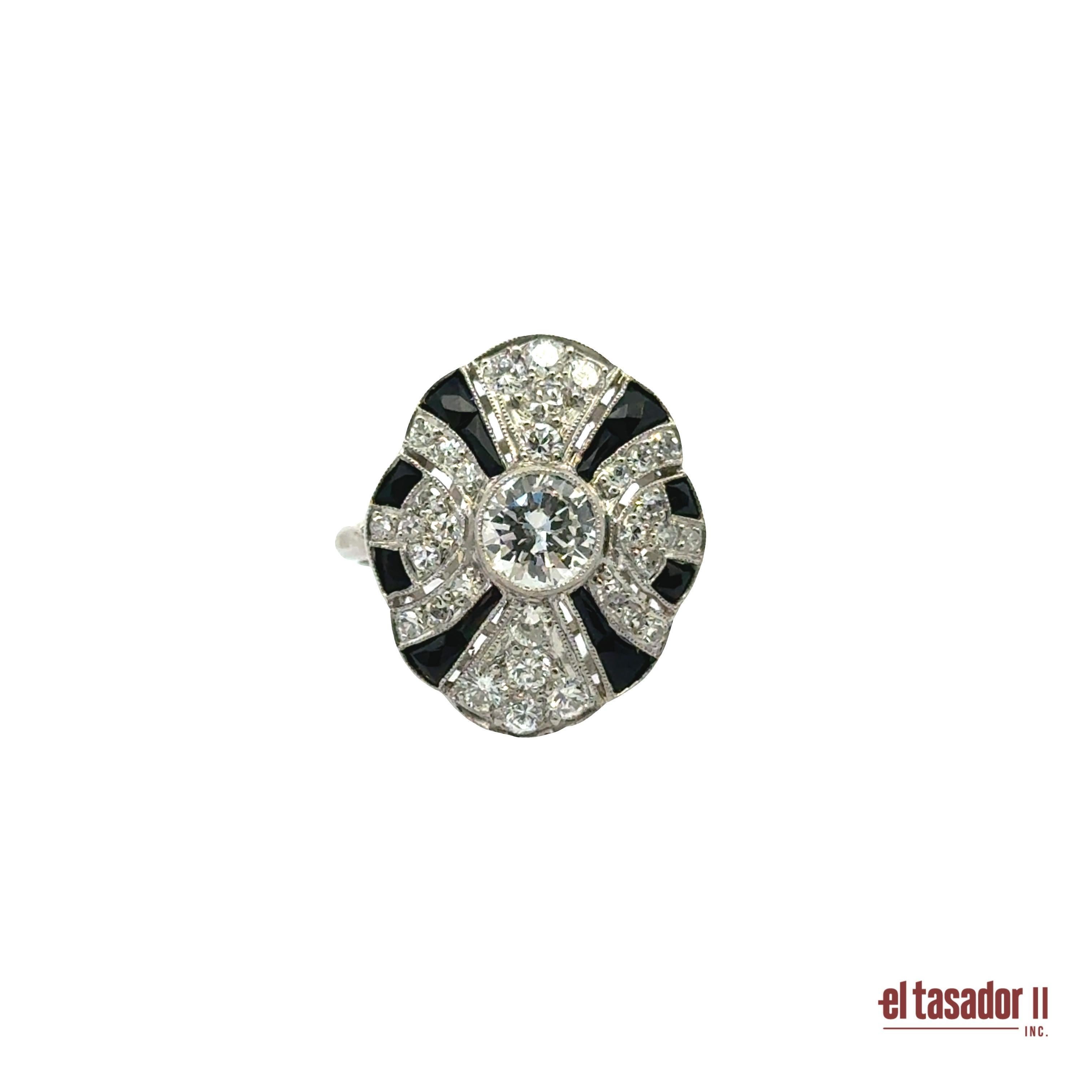Women's Art Deco Platinum Ring with Diamonds and Onyx For Sale