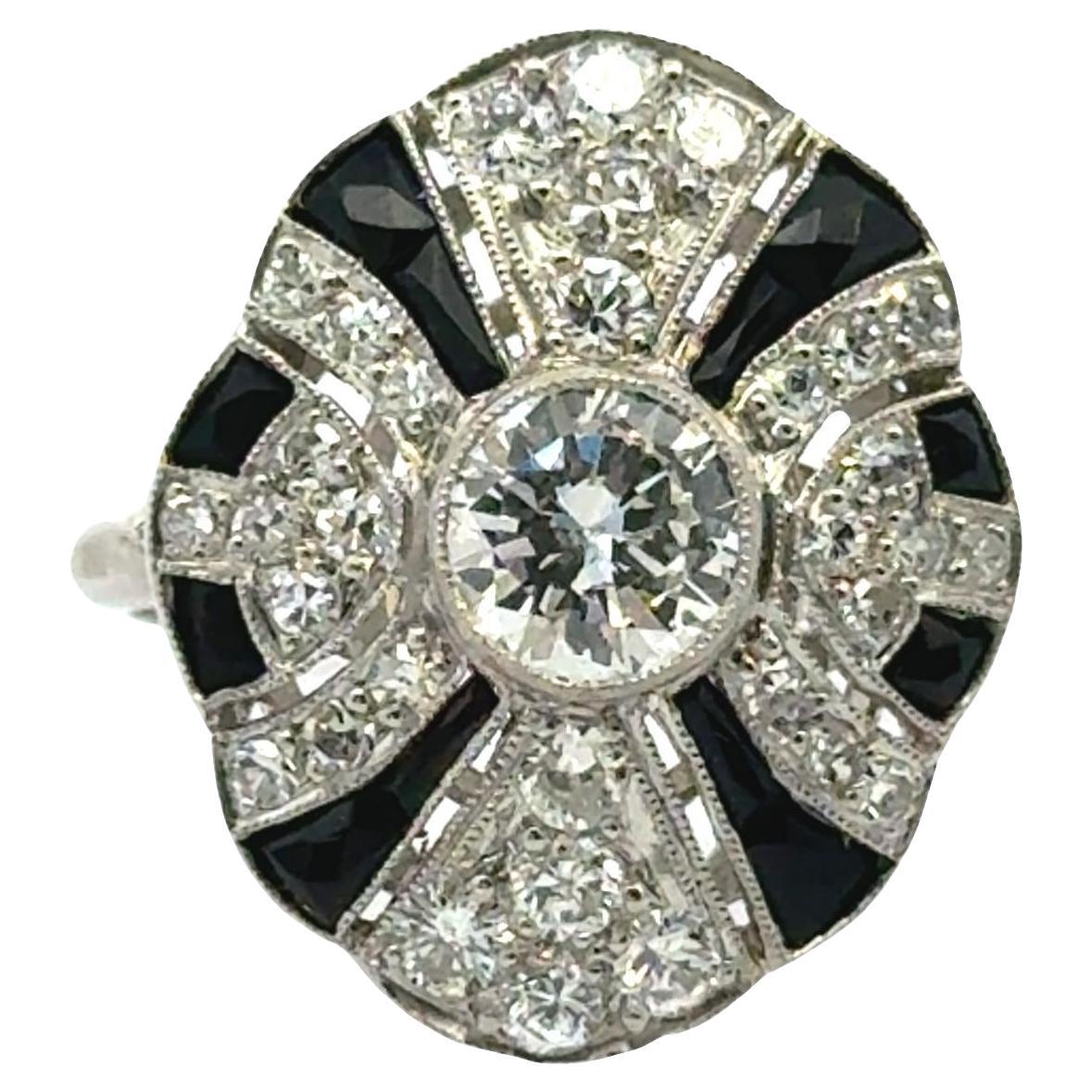 Art Deco Platinum Ring with Diamonds and Onyx For Sale