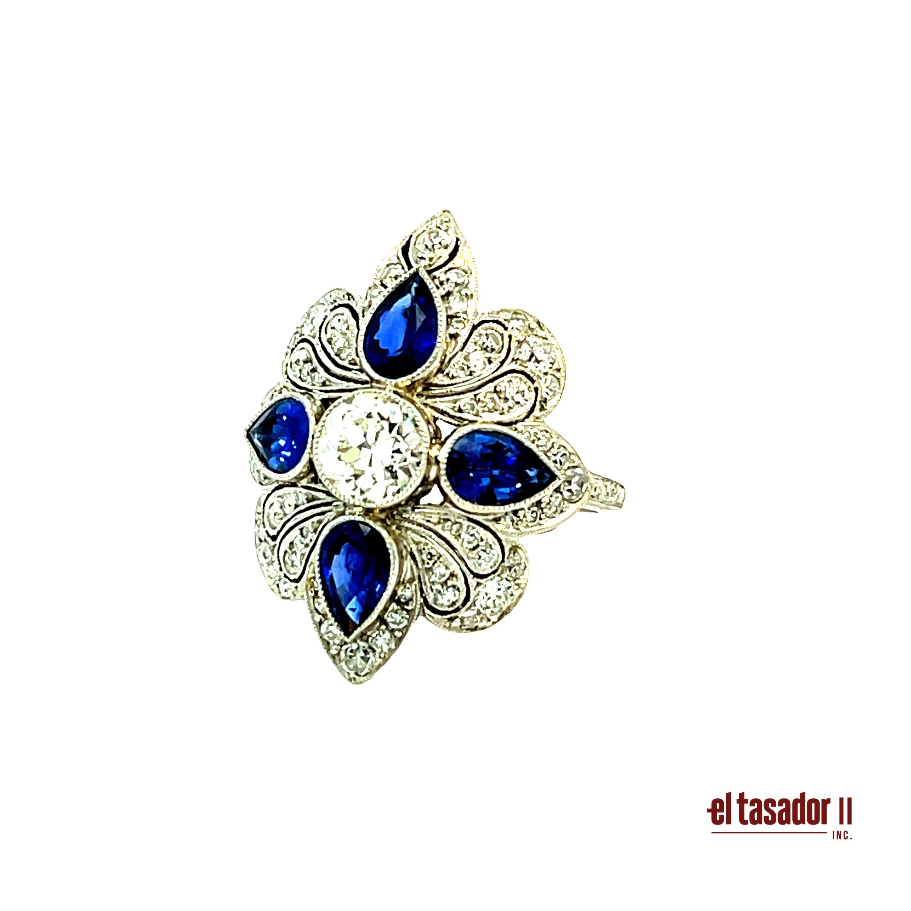 Taille brillant Bague Art déco en platine avec diamants et gouttes de saphir - 8,4 g en vente