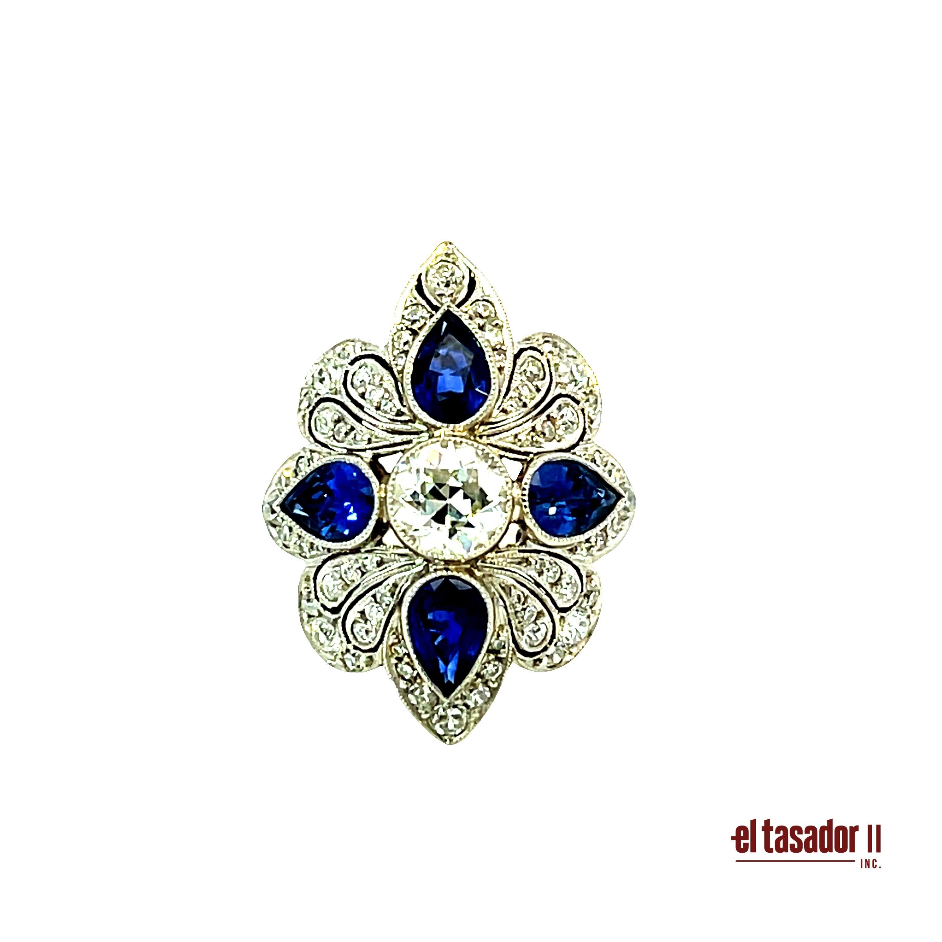 Bague Art déco en platine avec diamants et gouttes de saphir - 8,4 g Pour femmes en vente