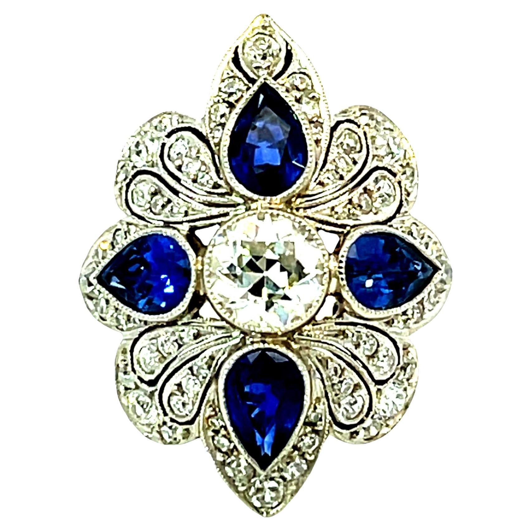 Bague Art déco en platine avec diamants et gouttes de saphir - 8,4 g en vente