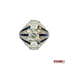 Anello Art Deco in platino con diamanti e zaffiri - 7,9 g