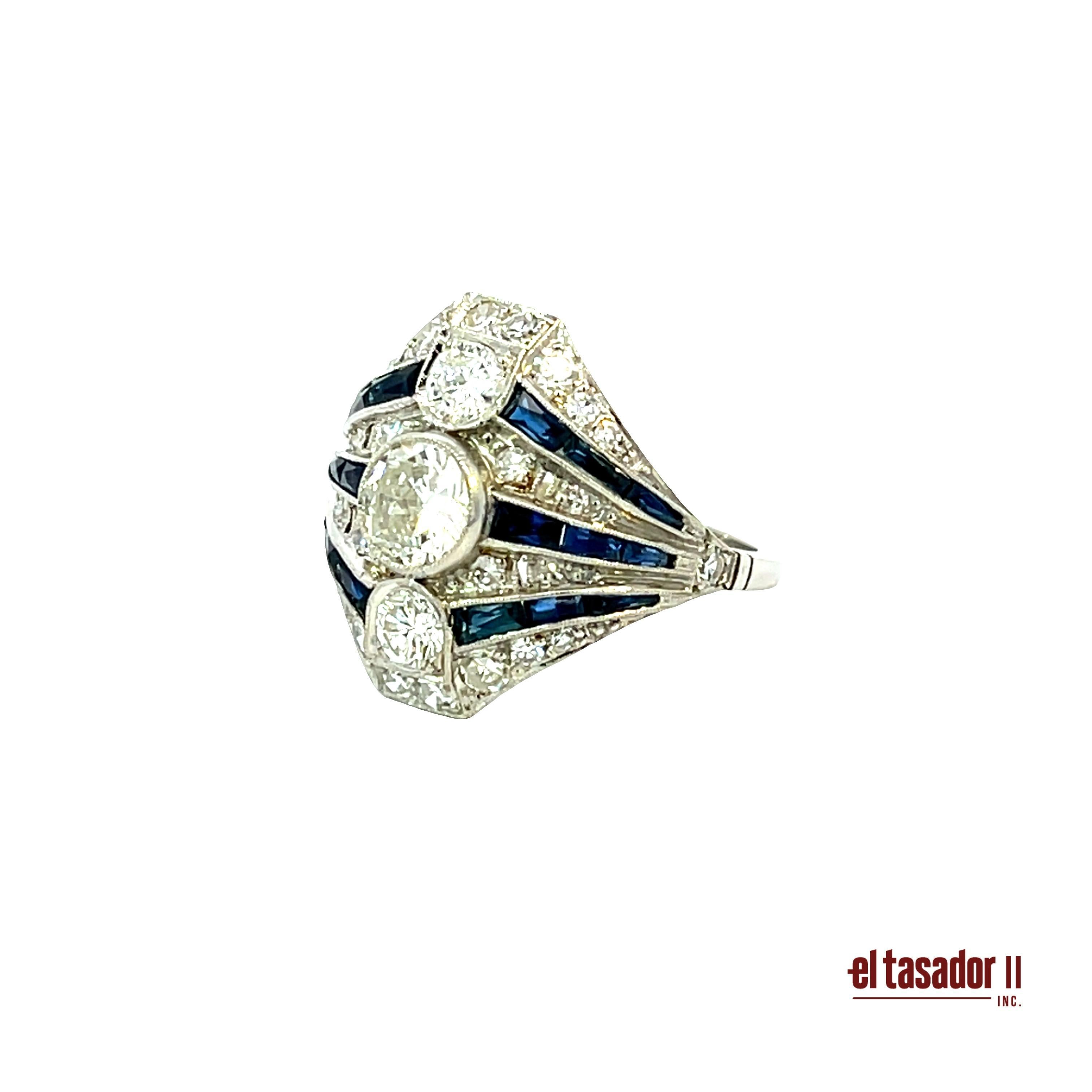 Art Déco Anello Art Deco in platino con diamanti e zaffiri - 7,9 g in vendita