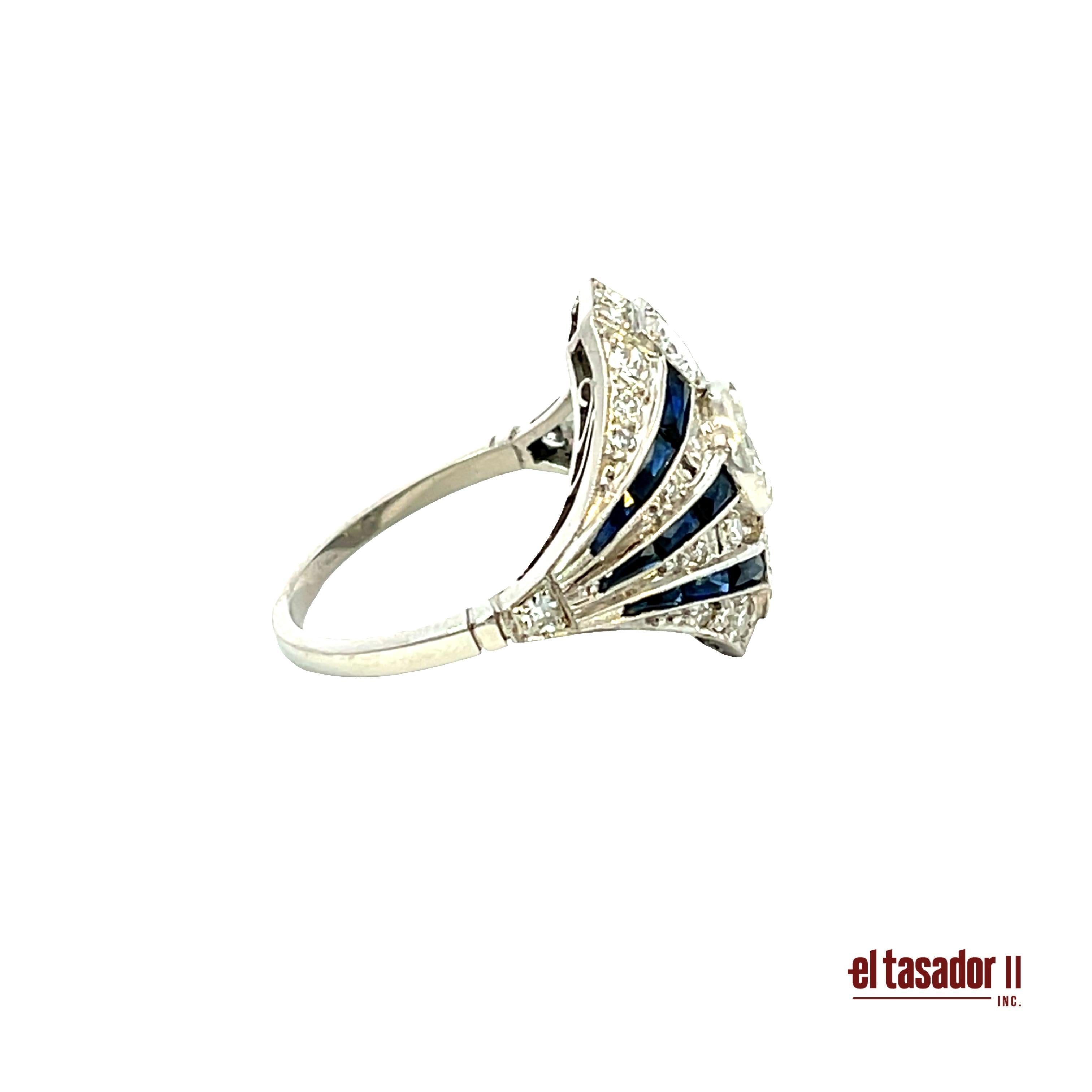 Taglio brillante Anello Art Deco in platino con diamanti e zaffiri - 7,9 g in vendita