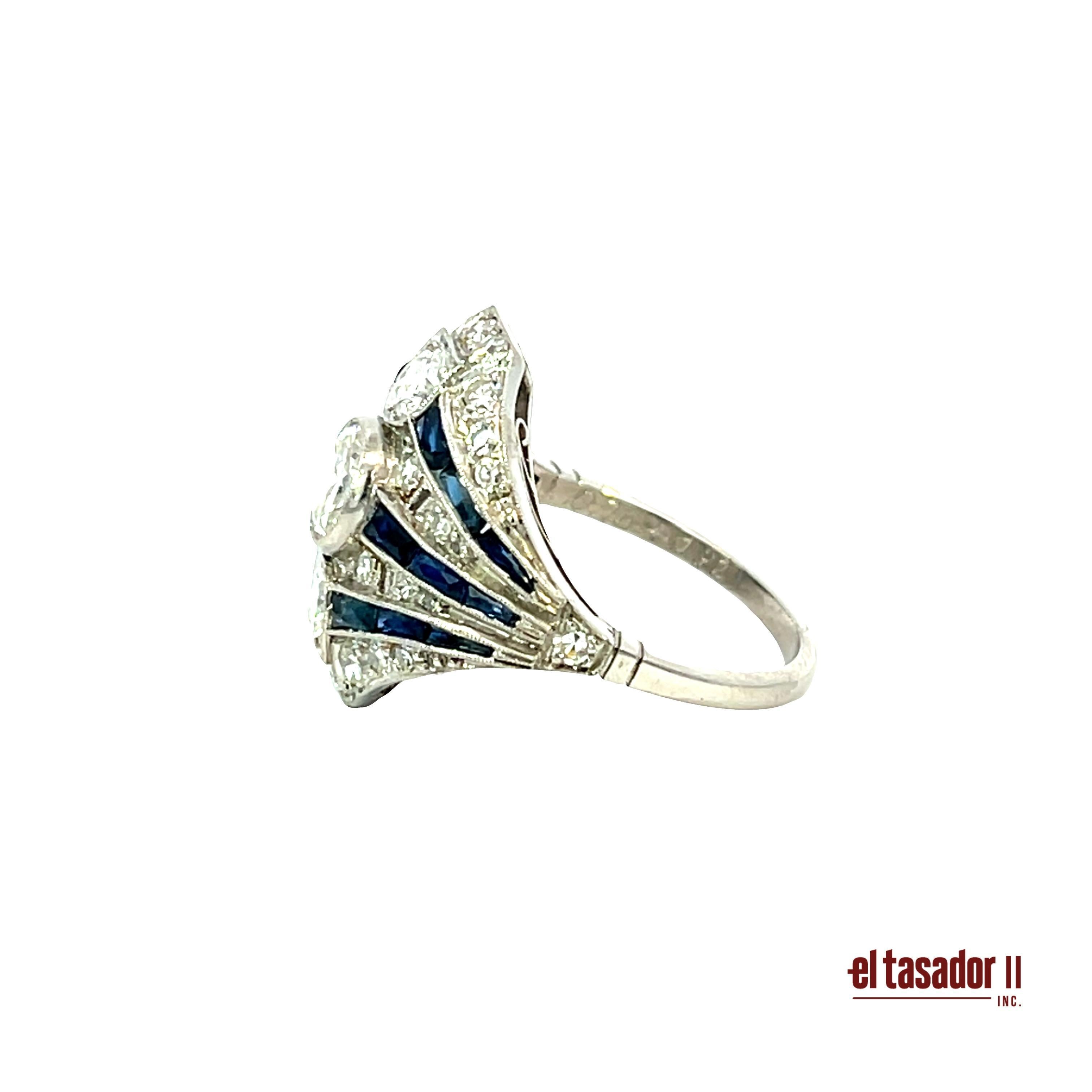 Donna Anello Art Deco in platino con diamanti e zaffiri - 7,9 g in vendita