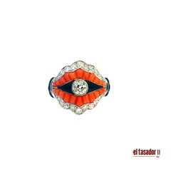 Art Deco Platinum Ring with Diamonds, Coral, Onyx and Enamel