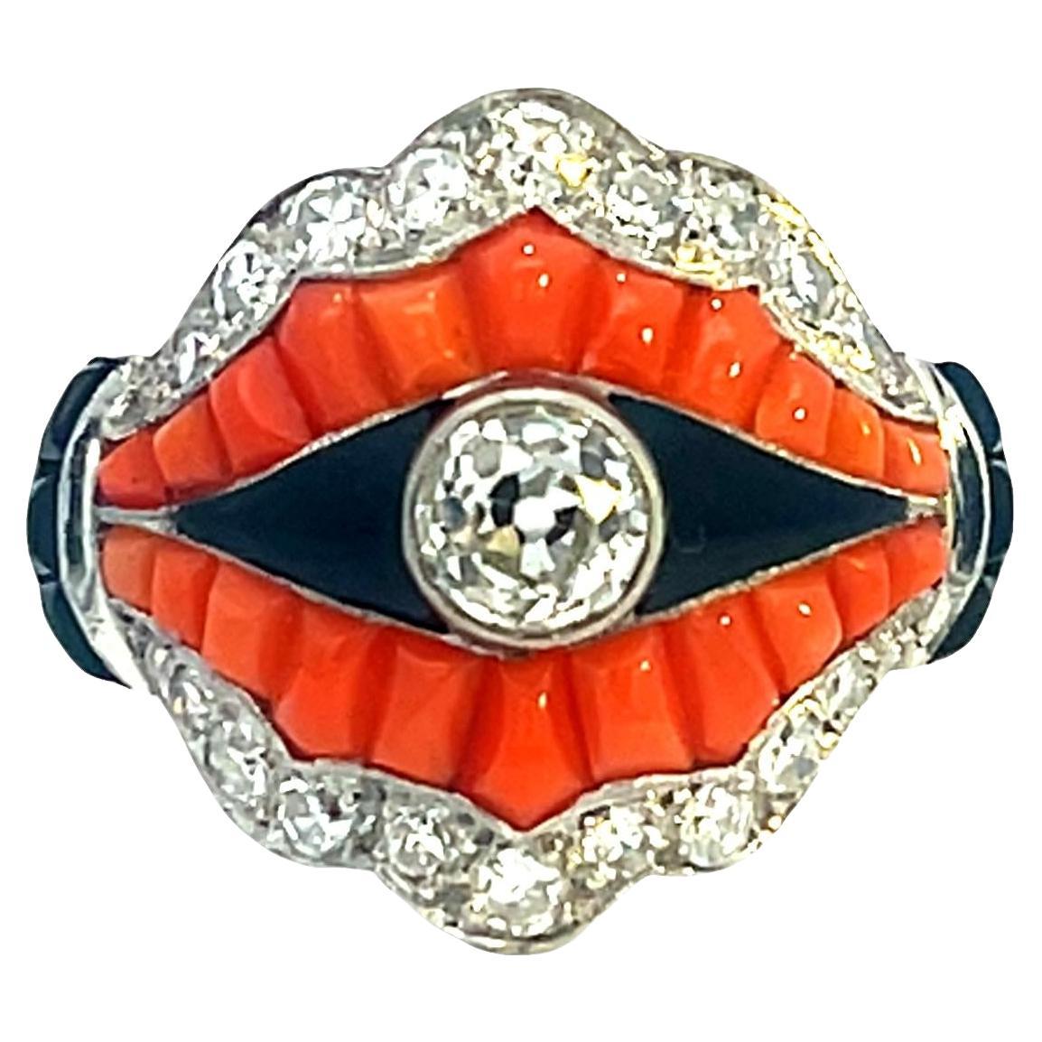 Anello Art Deco in platino con diamanti, corallo, onice e smalto