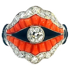 Art Deco Platinum Ring with Diamonds, Coral, Onyx and Enamel