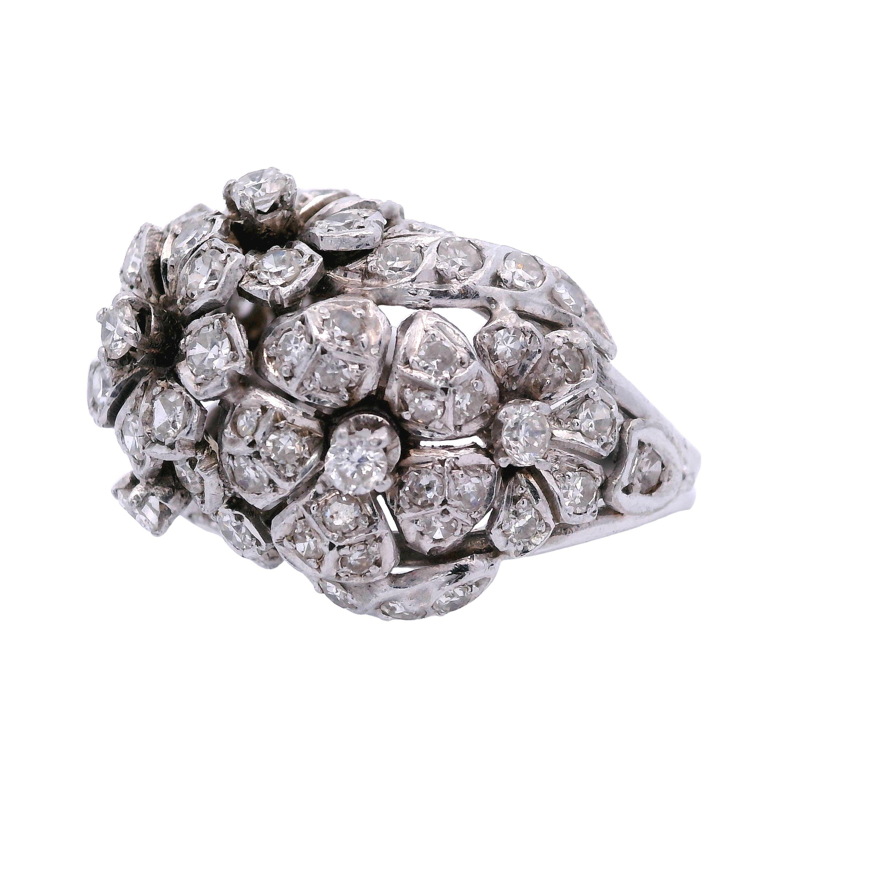 Women's 1930 Art Deco Platinum flower Ring with Diamonds For Sale
