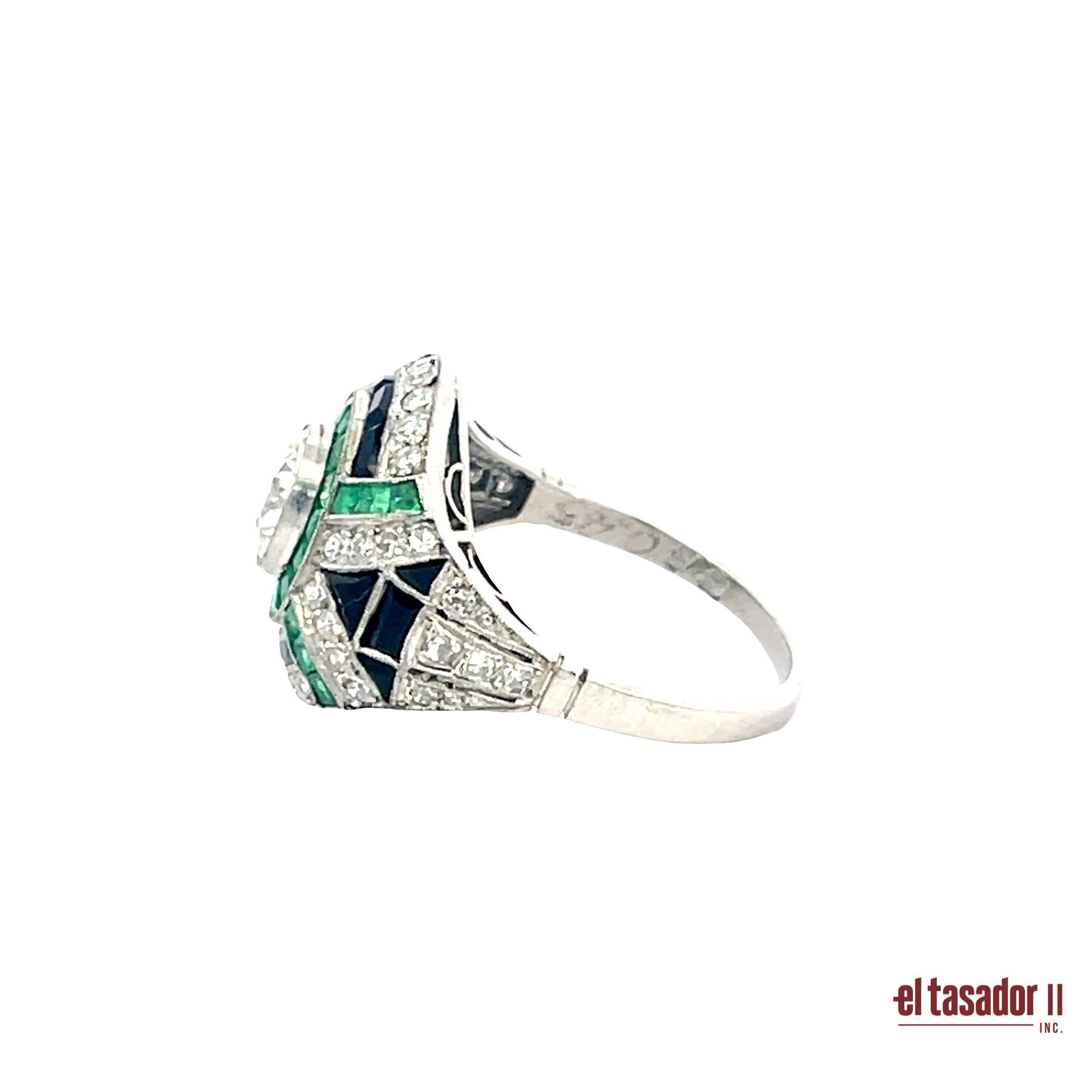 De las mujeres Anillo Art Decó de Platino con Esmeraldas, Ónix Negro y Centro de Diamantes en venta