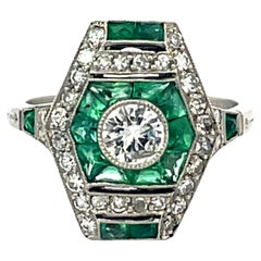 Art Deco Platinum Ring with Hexagonal Emerald and Diamond Design
