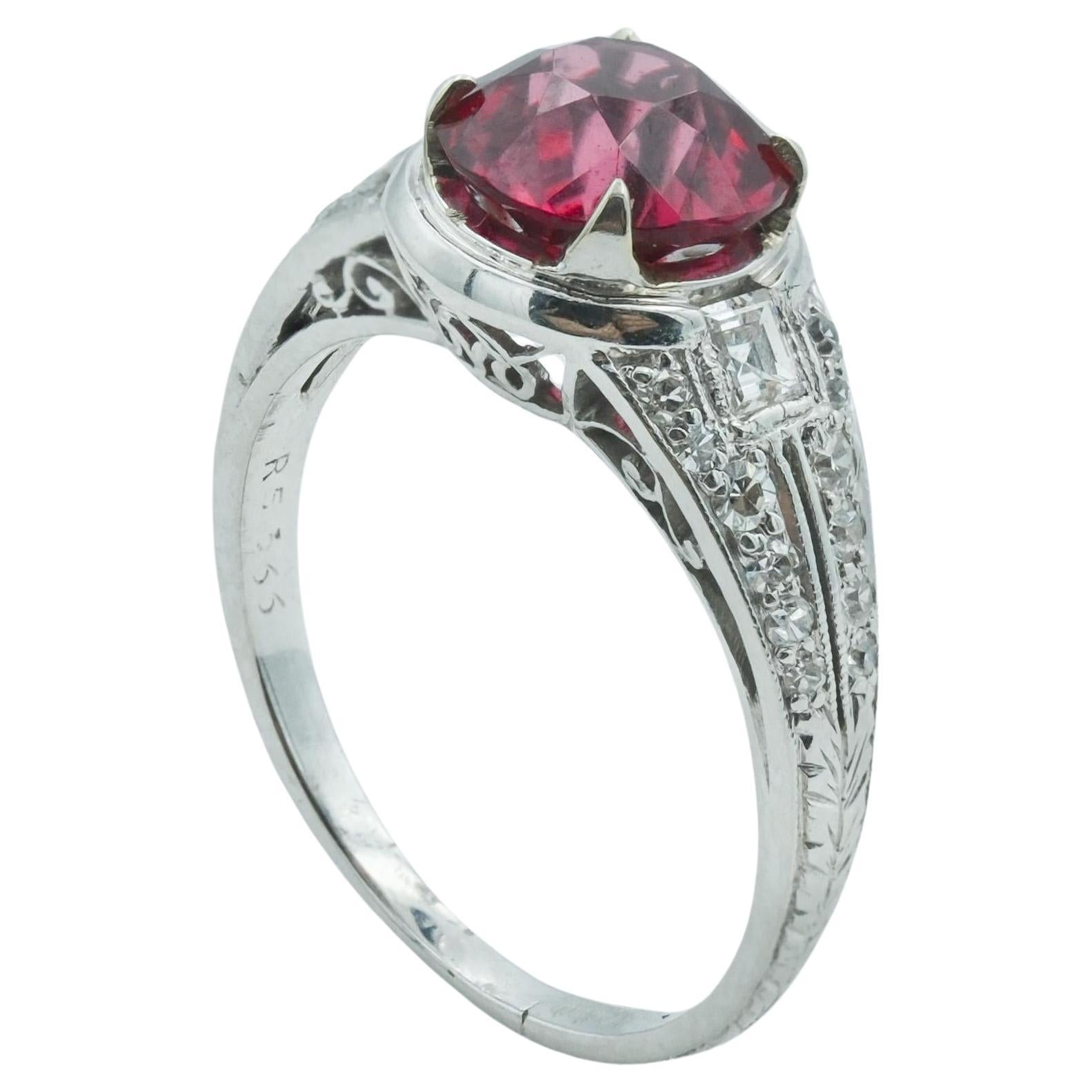 Art Deco Platinum Ring With Natural 2.07ct Spinel and Diamonds c1920's For Sale