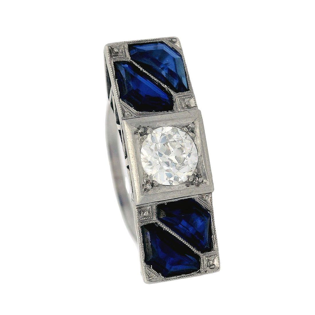 Art Deco Platinum Ring with Old Mine Diamond and Sapphires