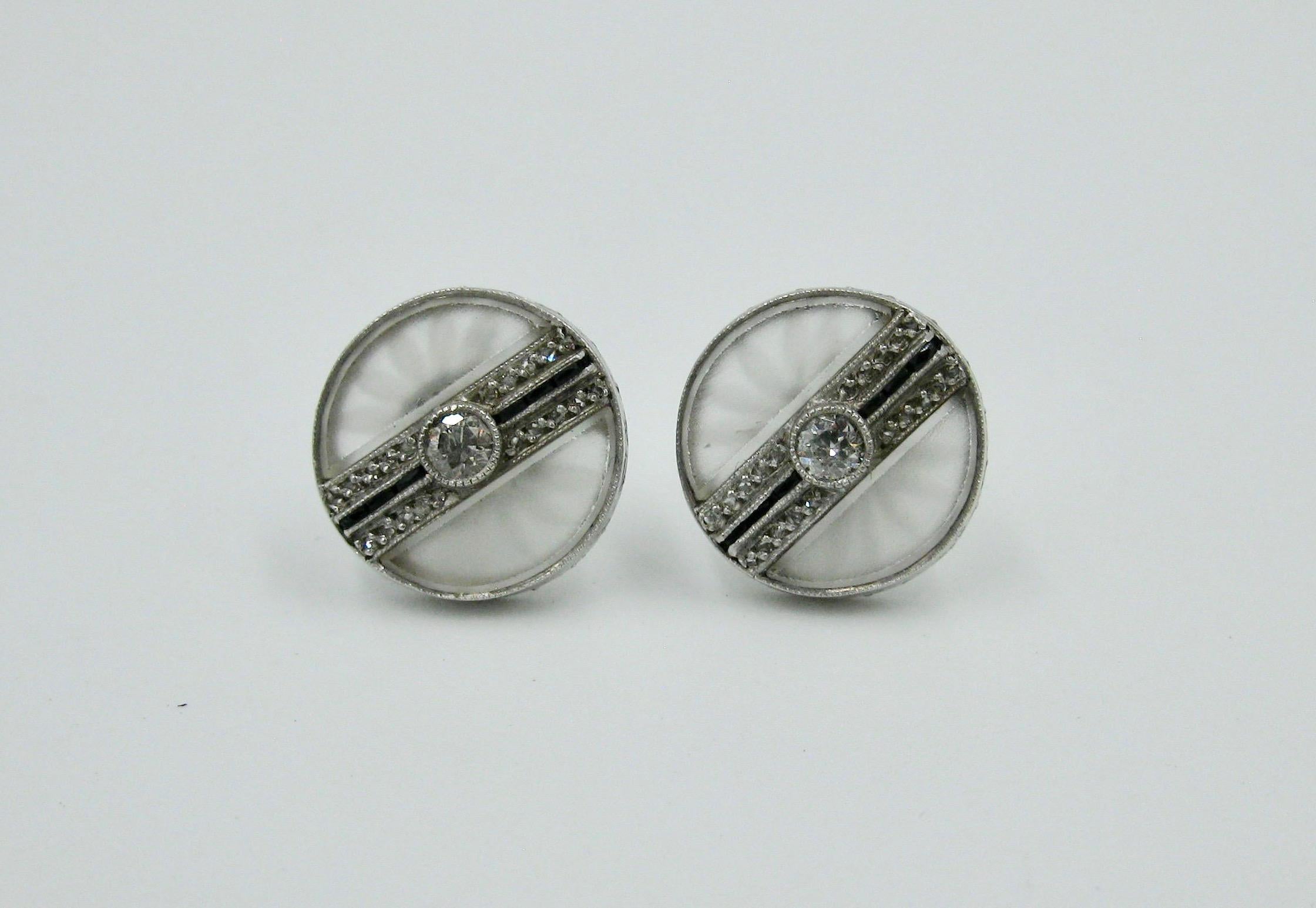Round Cut Art Deco Platinum Rock Crystal Diamond Black Onyx Earrings circa 1910 For Sale