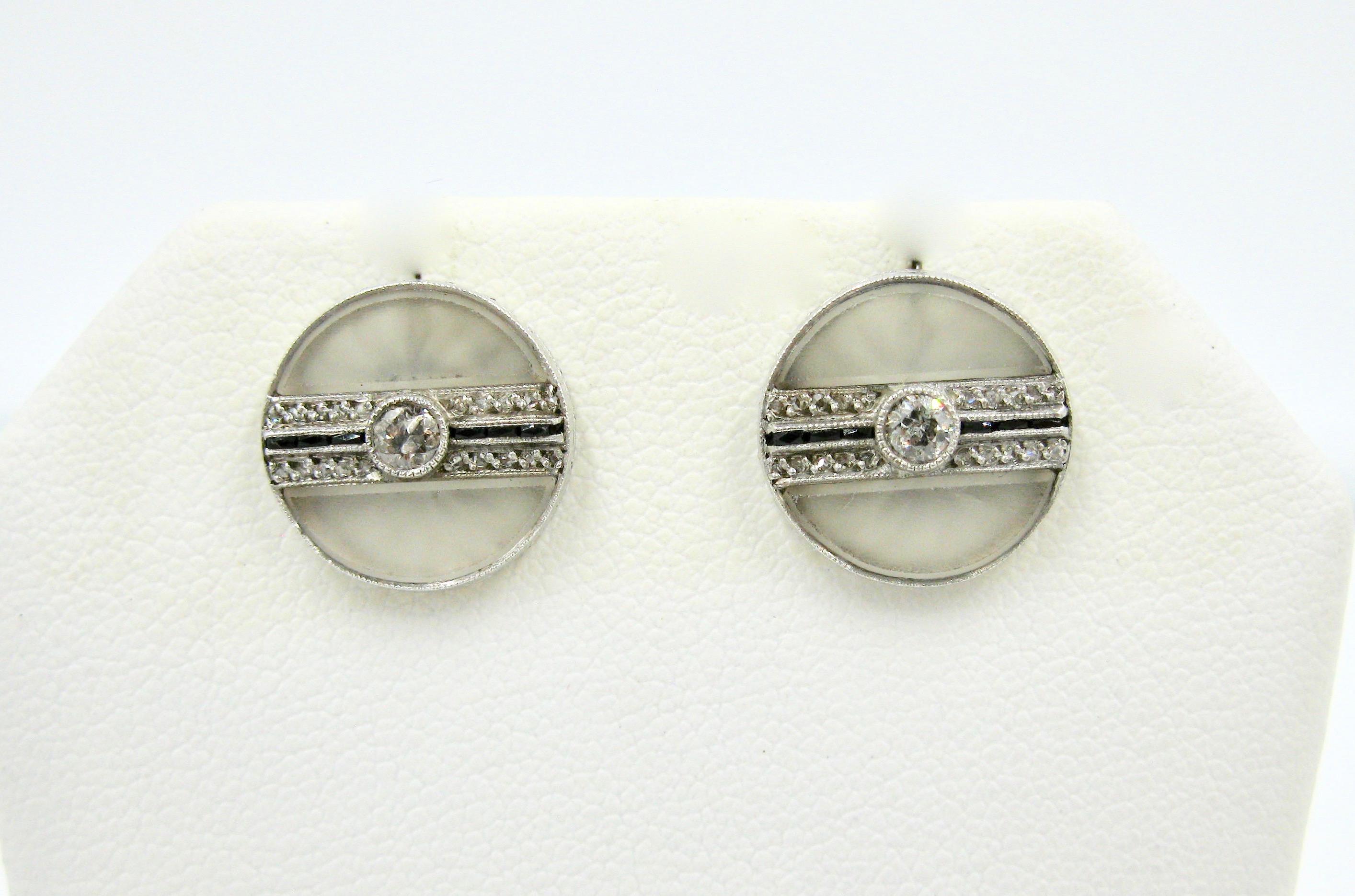 Art Deco Platinum Rock Crystal Diamond Black Onyx Earrings circa 1910 In Excellent Condition For Sale In New York, NY
