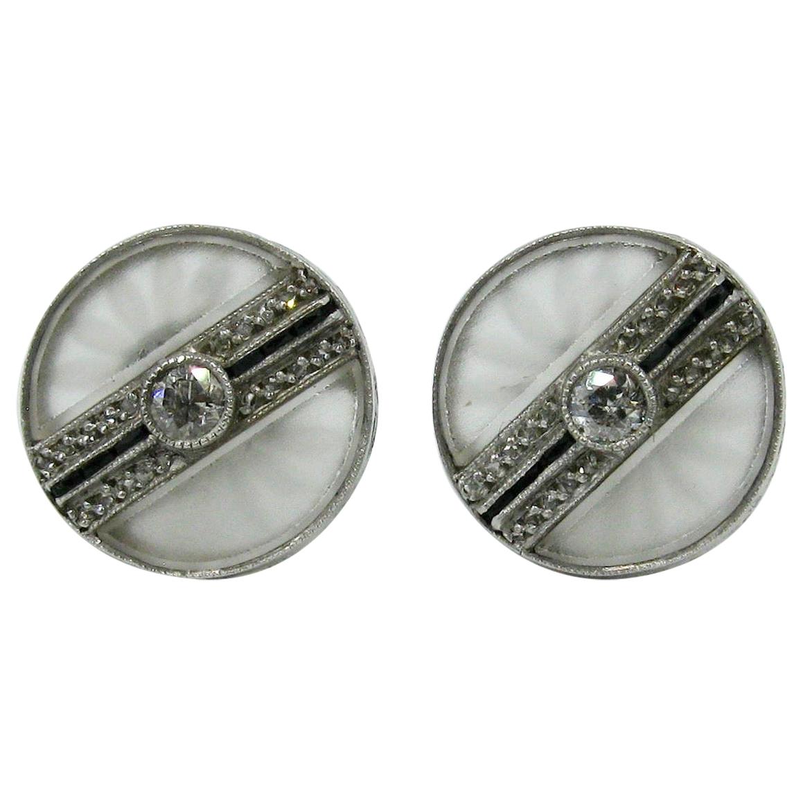 Art Deco Platinum Rock Crystal Diamond Black Onyx Earrings circa 1910 For Sale