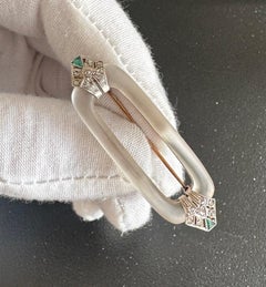 Art Deco Platinum Rock Crystal Emerald Diamond Brooch Pin 15K Gold