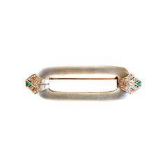 Art Deco Platinum Rock Crystal Emerald Diamond Brooch Pin 15K Gold