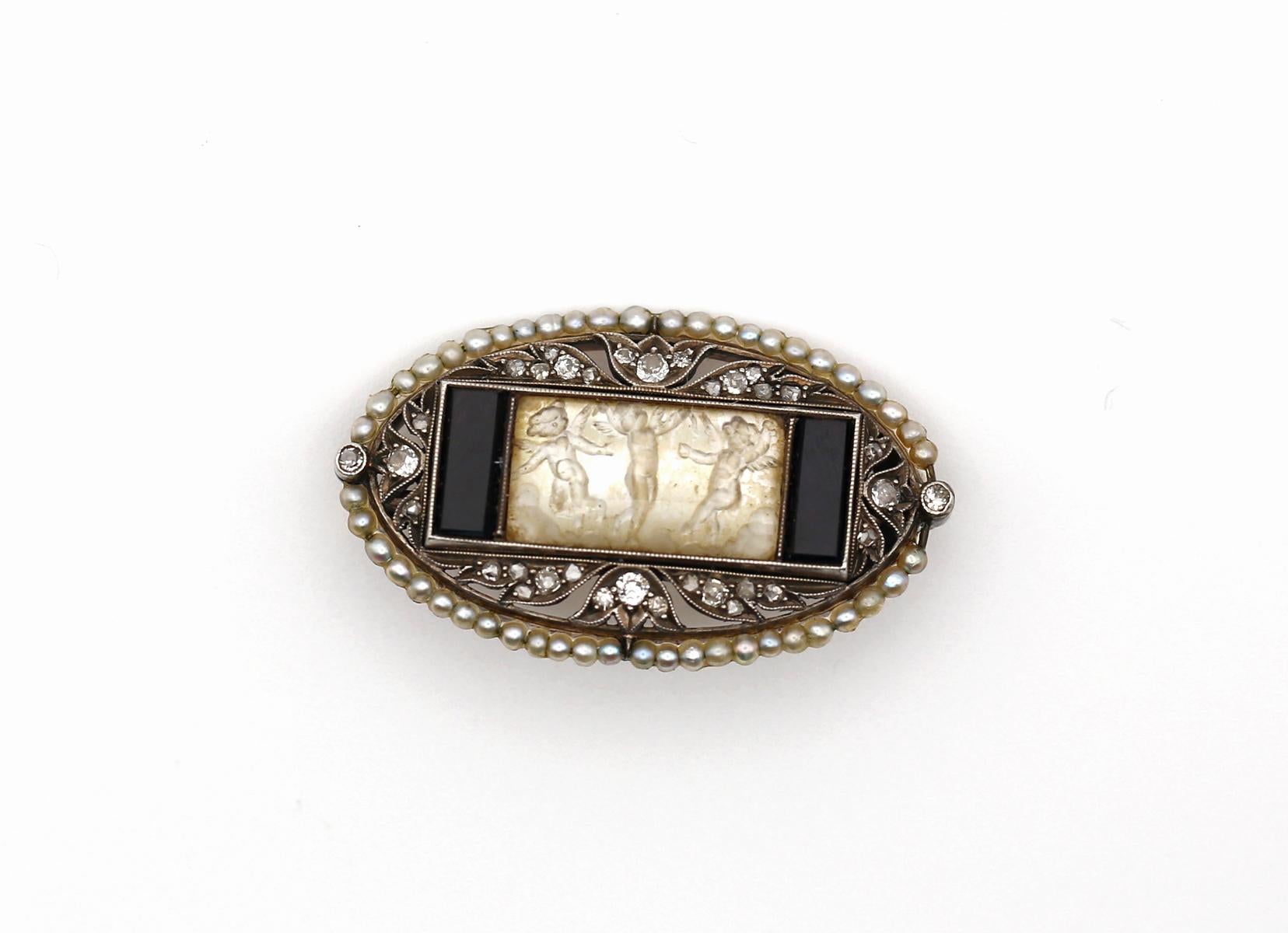 Round Cut Art Deco Platinum Rock Crystal Mother of Pearl Brooch Boxed, 1910