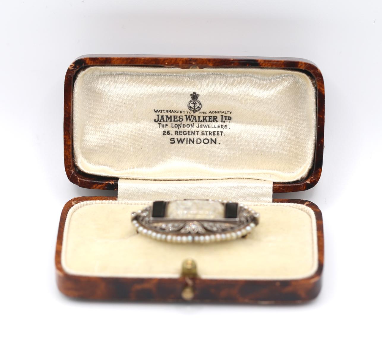 Art Deco Platinum Rock Crystal Mother of Pearl Brooch Boxed, 1910 3