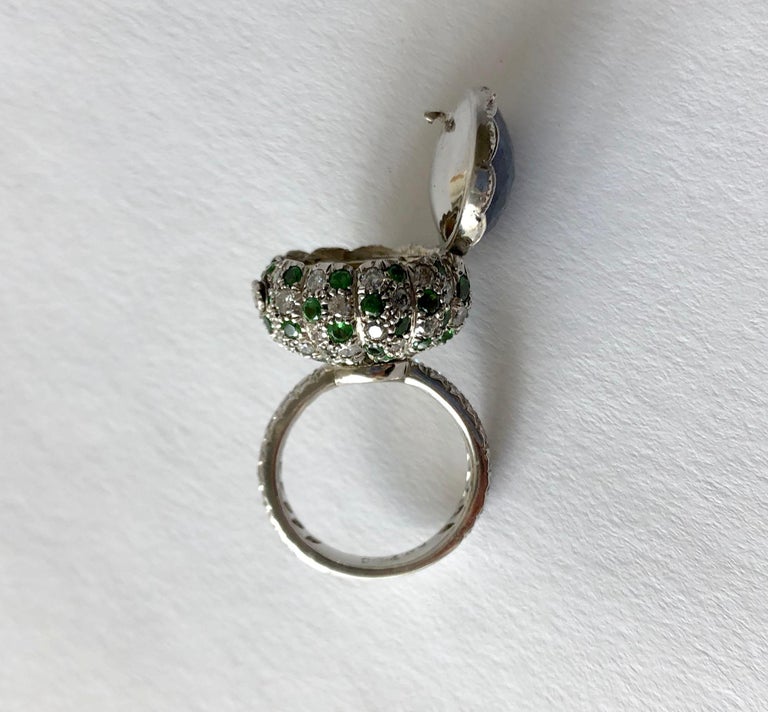 Women's Art Deco Platinum Rose Cut Blue Sapphire Emerald Diamond Pill Box Poison Ring For Sale