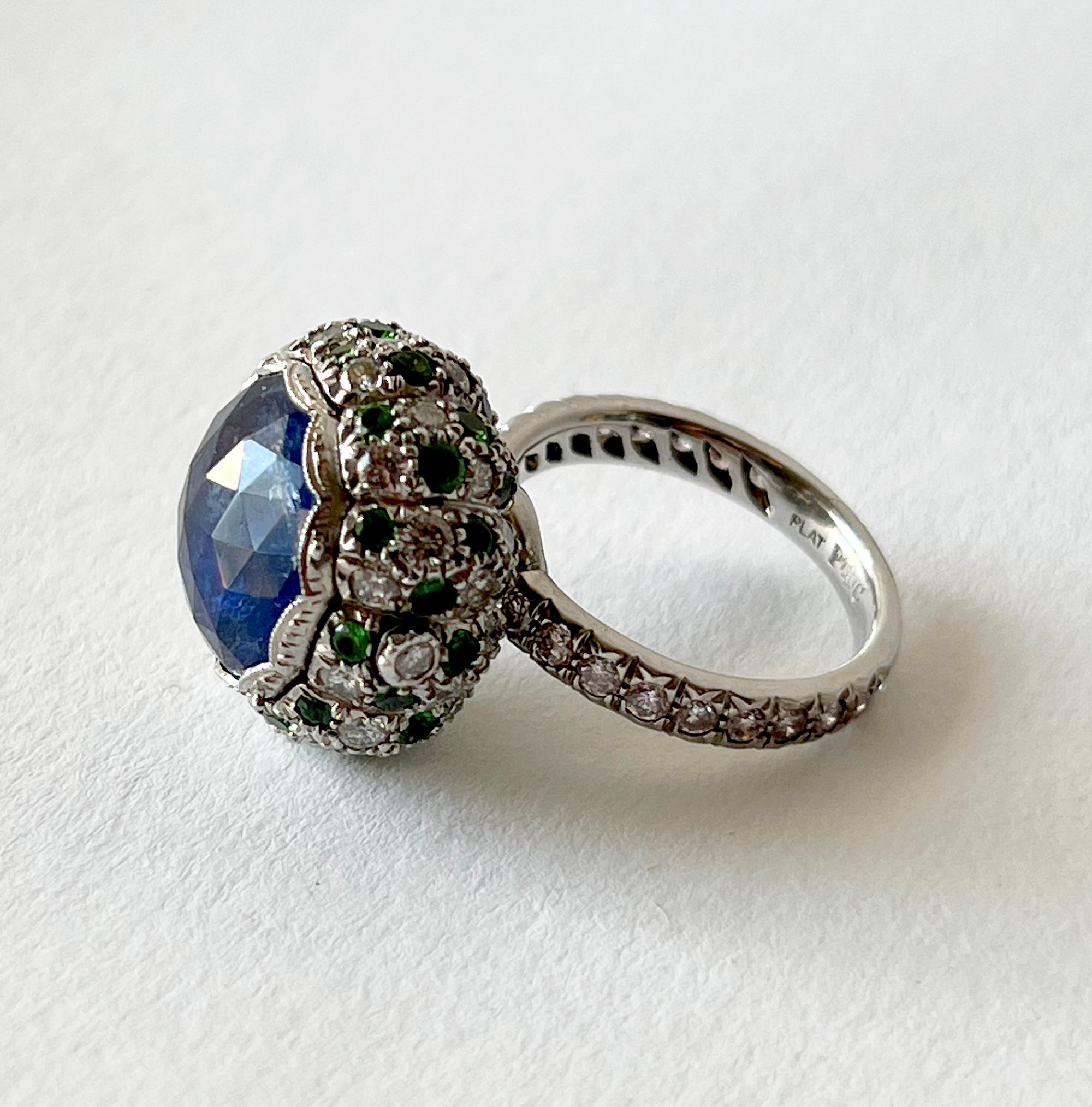 Women's Art Deco Platinum Rose Cut Blue Sapphire Emerald Diamond Pill Box Poison Ring