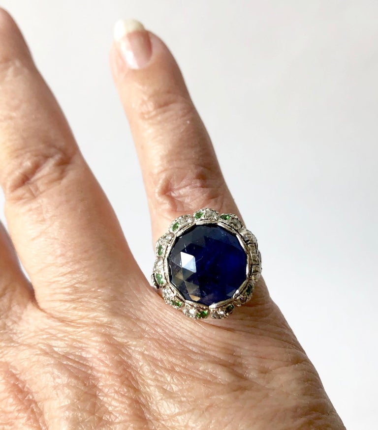 Art Deco Platinum Rose Cut Blue Sapphire Emerald Diamond Pill Box Poison Ring For Sale 3