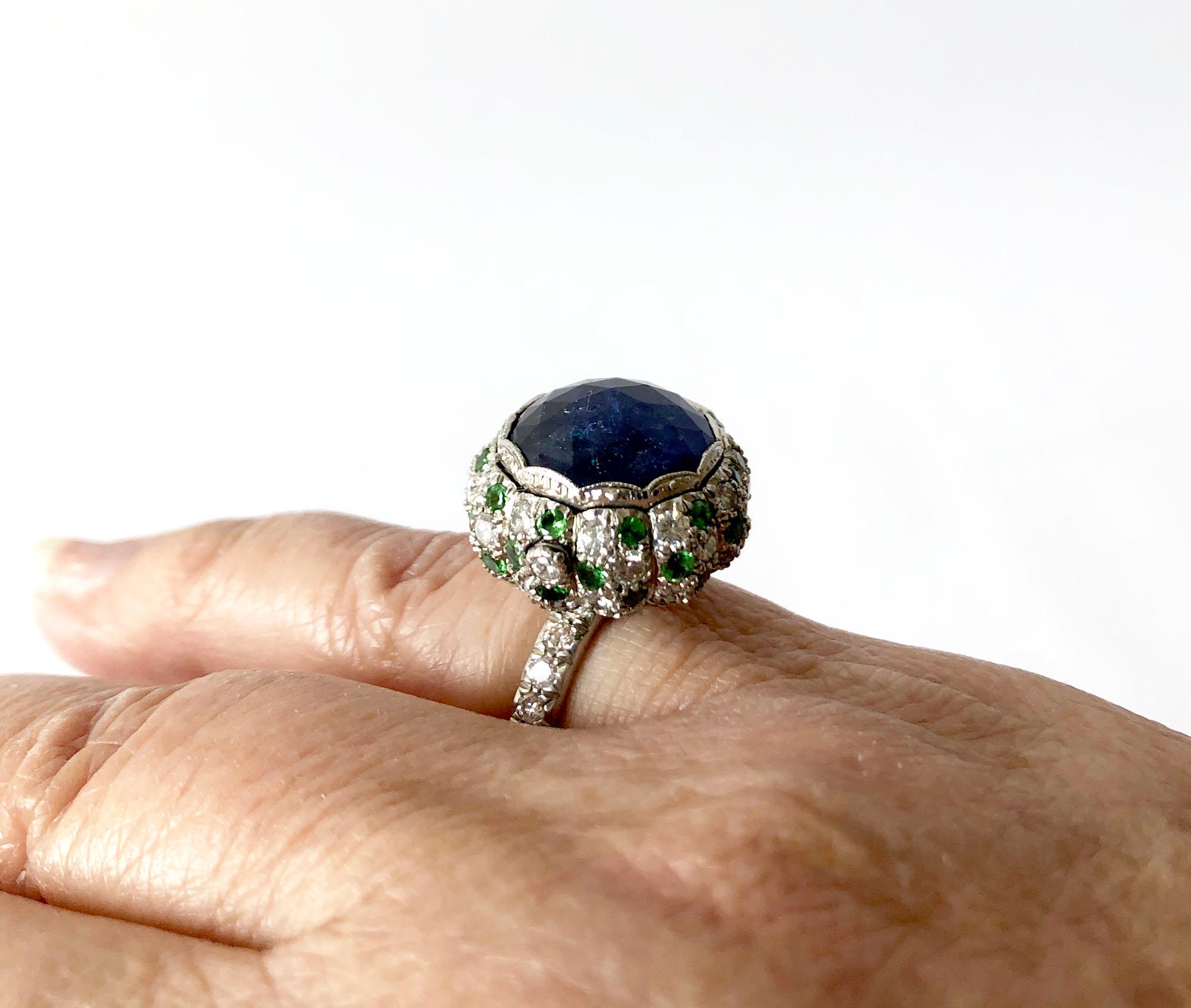 Art Deco Platinum Rose Cut Blue Sapphire Emerald Diamond Pill Box Poison Ring 2