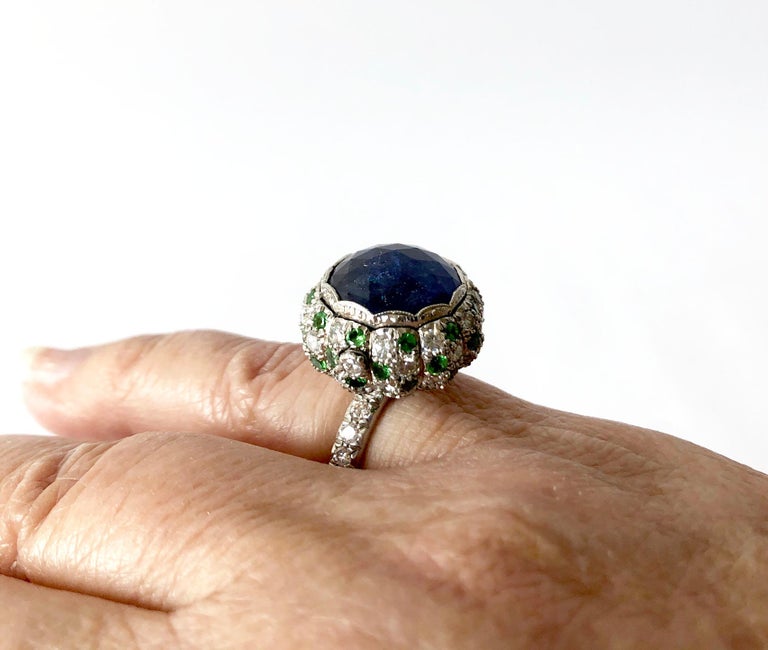 Art Deco Platinum Rose Cut Blue Sapphire Emerald Diamond Pill Box Poison Ring For Sale 4