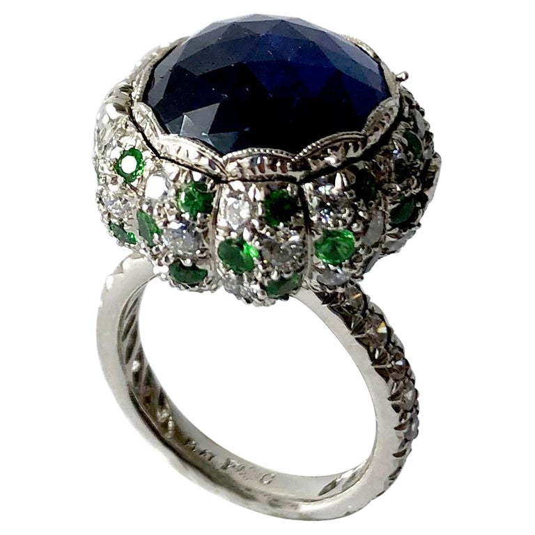 Art Deco Platinum Rose Cut Blue Sapphire Emerald Diamond Pill Box Poison Ring For Sale