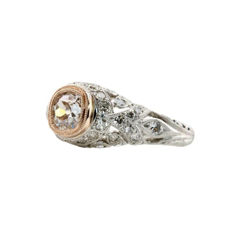 Old Mine Cut Art Deco Platinum & Rose Gold 0.80ct Diamond Engagement Ring For Sale
