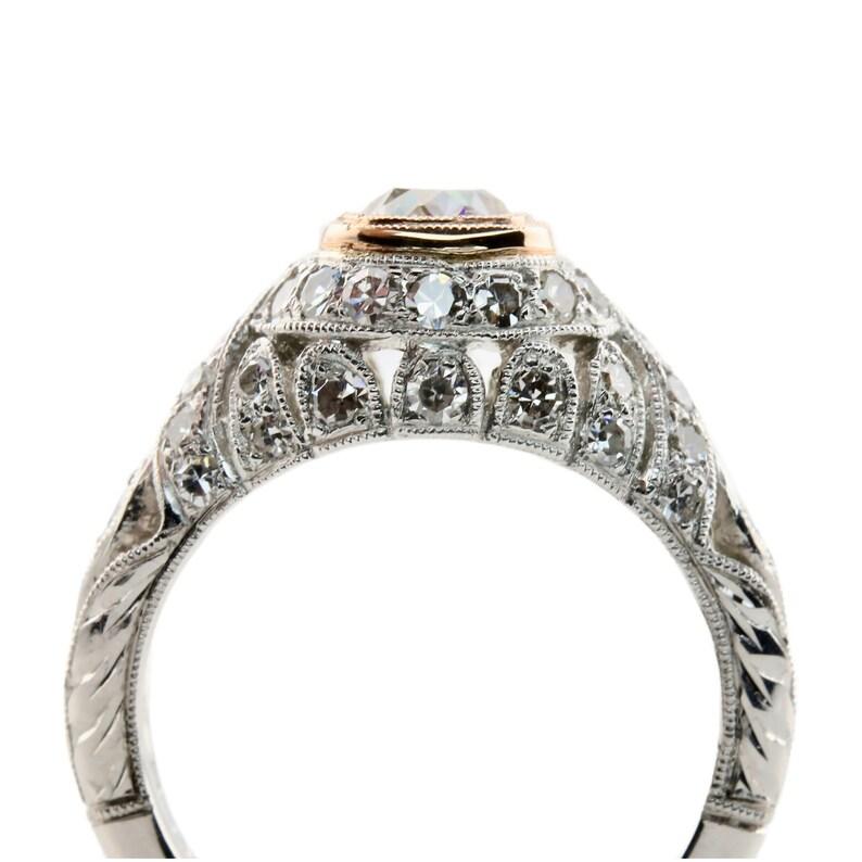 Art Deco Platinum & Rose Gold 0.80ct Diamond Engagement Ring In Good Condition For Sale In Boston, MA