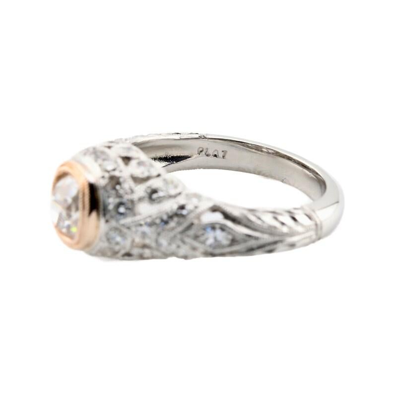 Women's Art Deco Platinum & Rose Gold 0.80ct Diamond Engagement Ring For Sale
