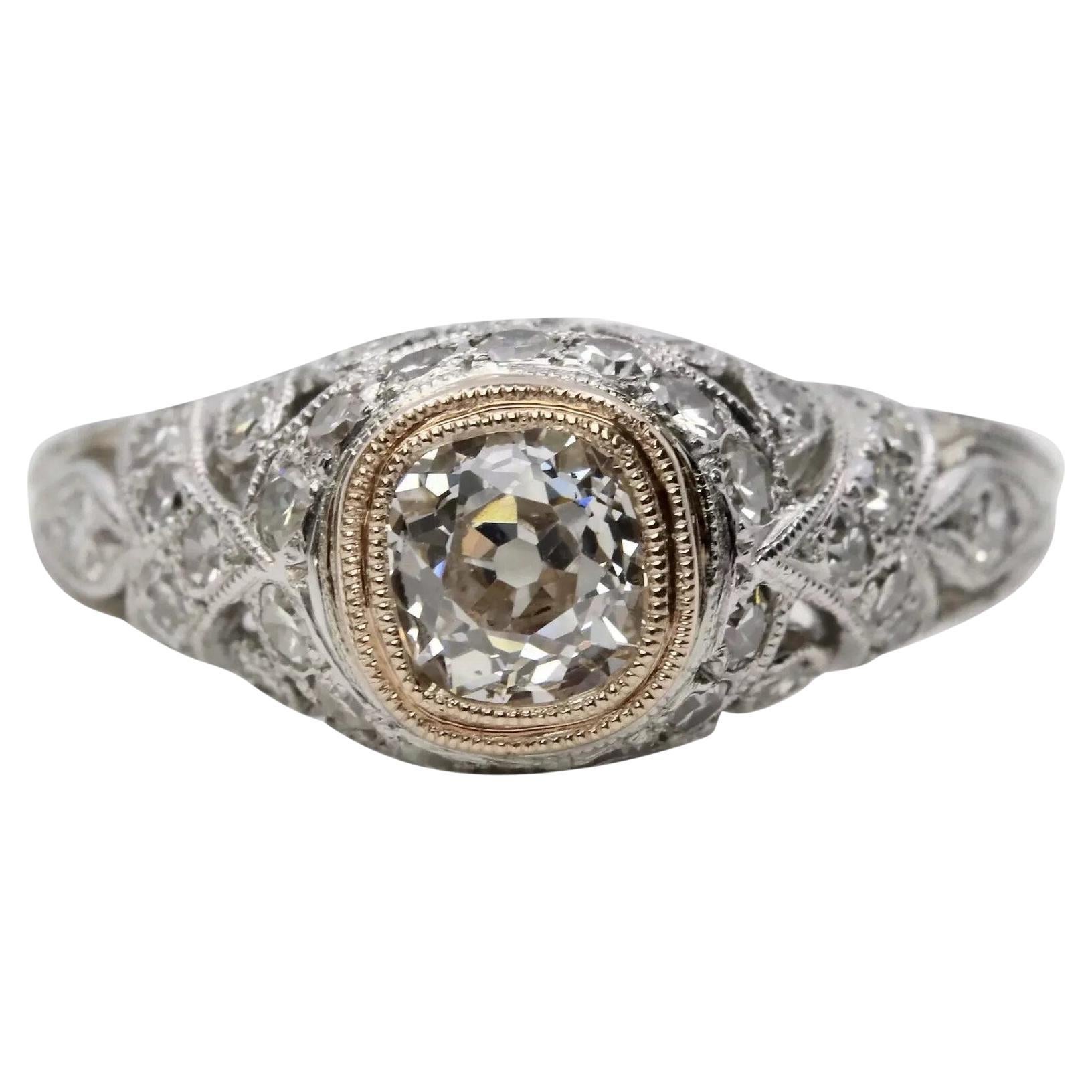Art Deco Platinum & Rose Gold 0.80ct Diamond Engagement Ring For Sale