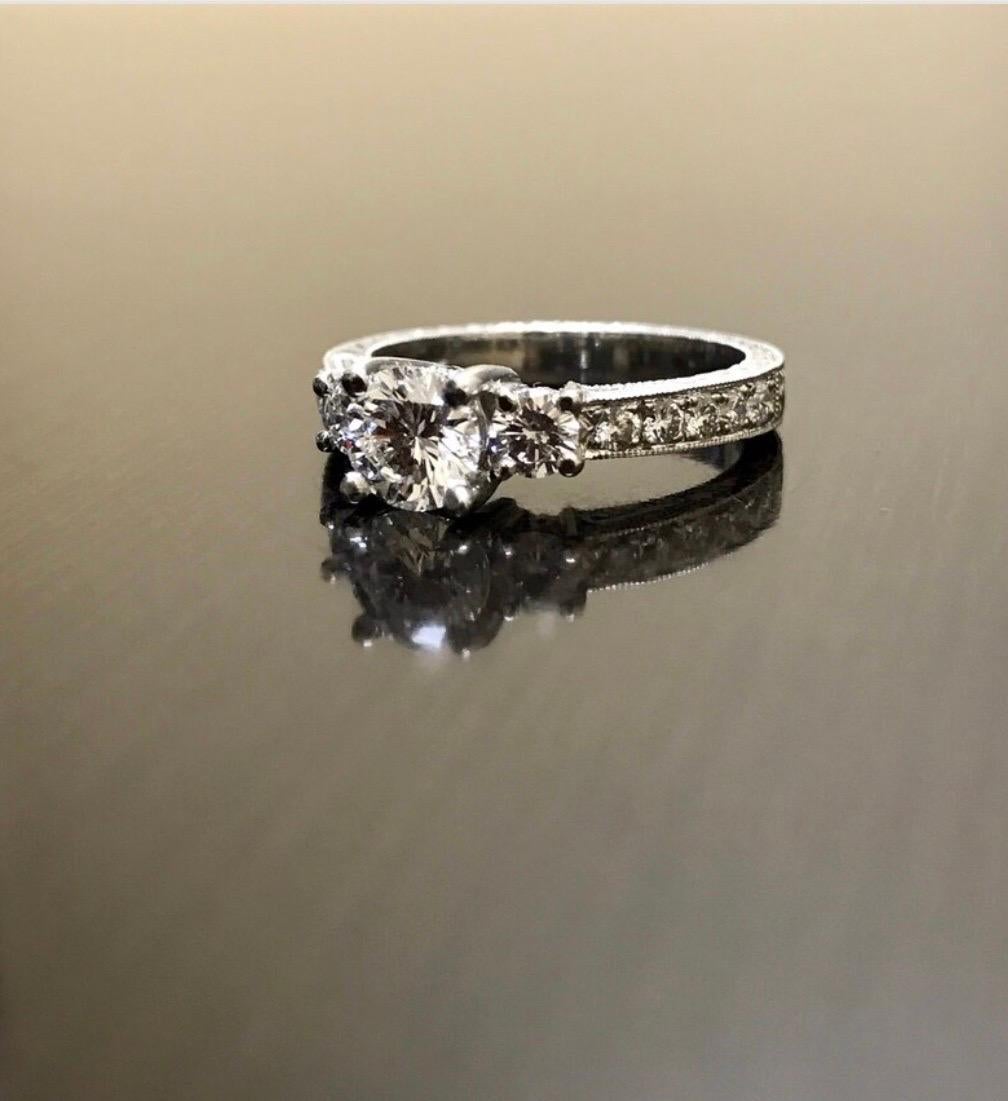 Round Cut Art Deco Platinum Round D Color 0.73 Carat Three Stone Diamond Engagement Ring For Sale