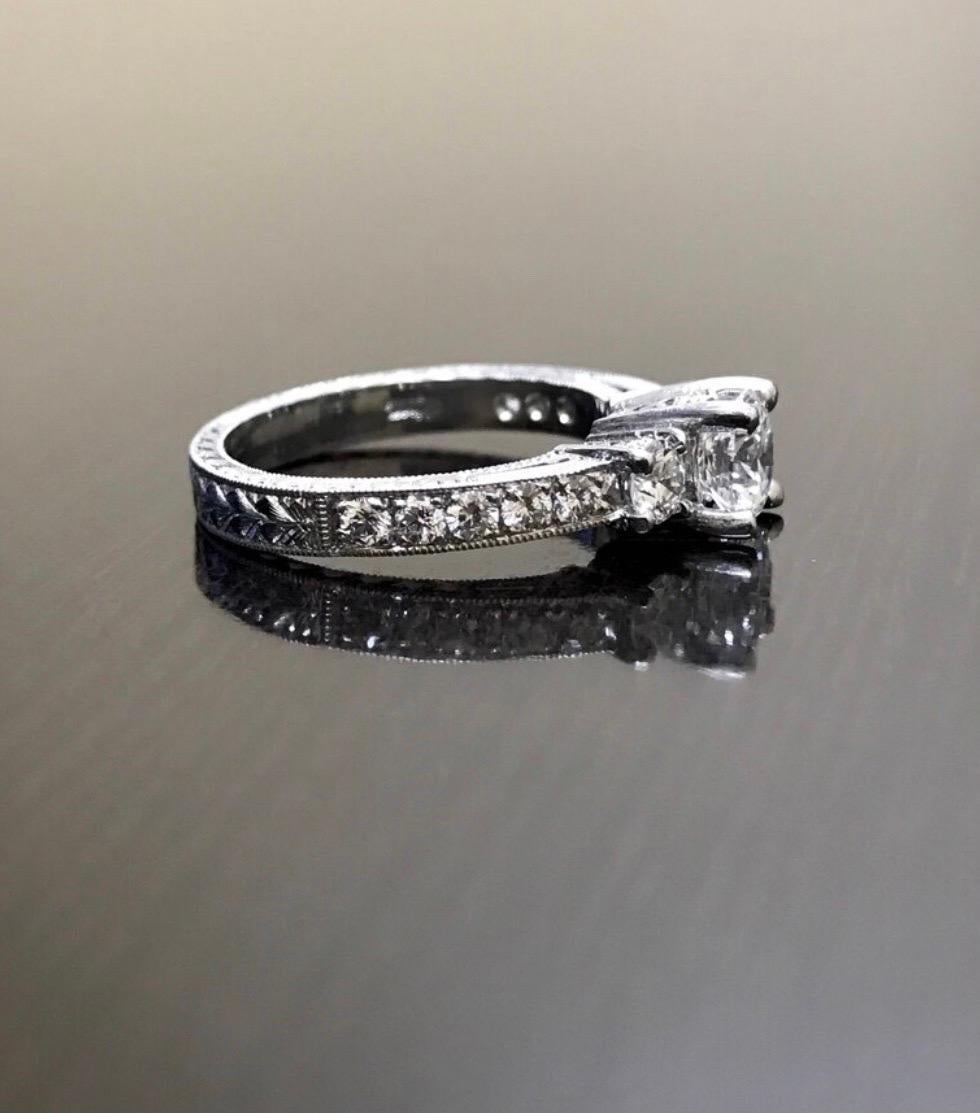 Women's or Men's Art Deco Platinum Round D Color 0.73 Carat Three Stone Diamond Engagement Ring For Sale