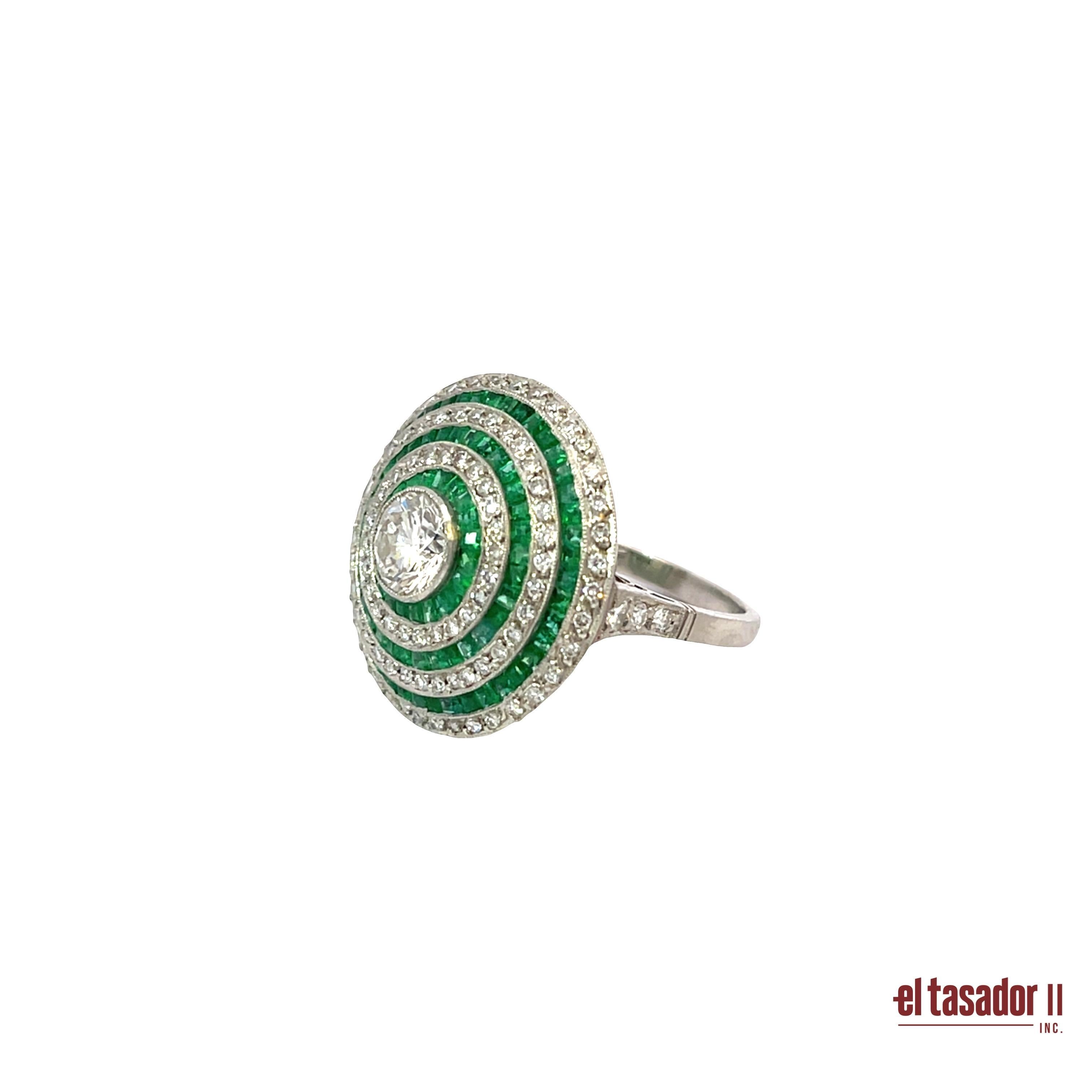 Art deco Platin Rund Diamant & Smaragd Ring Damen im Angebot