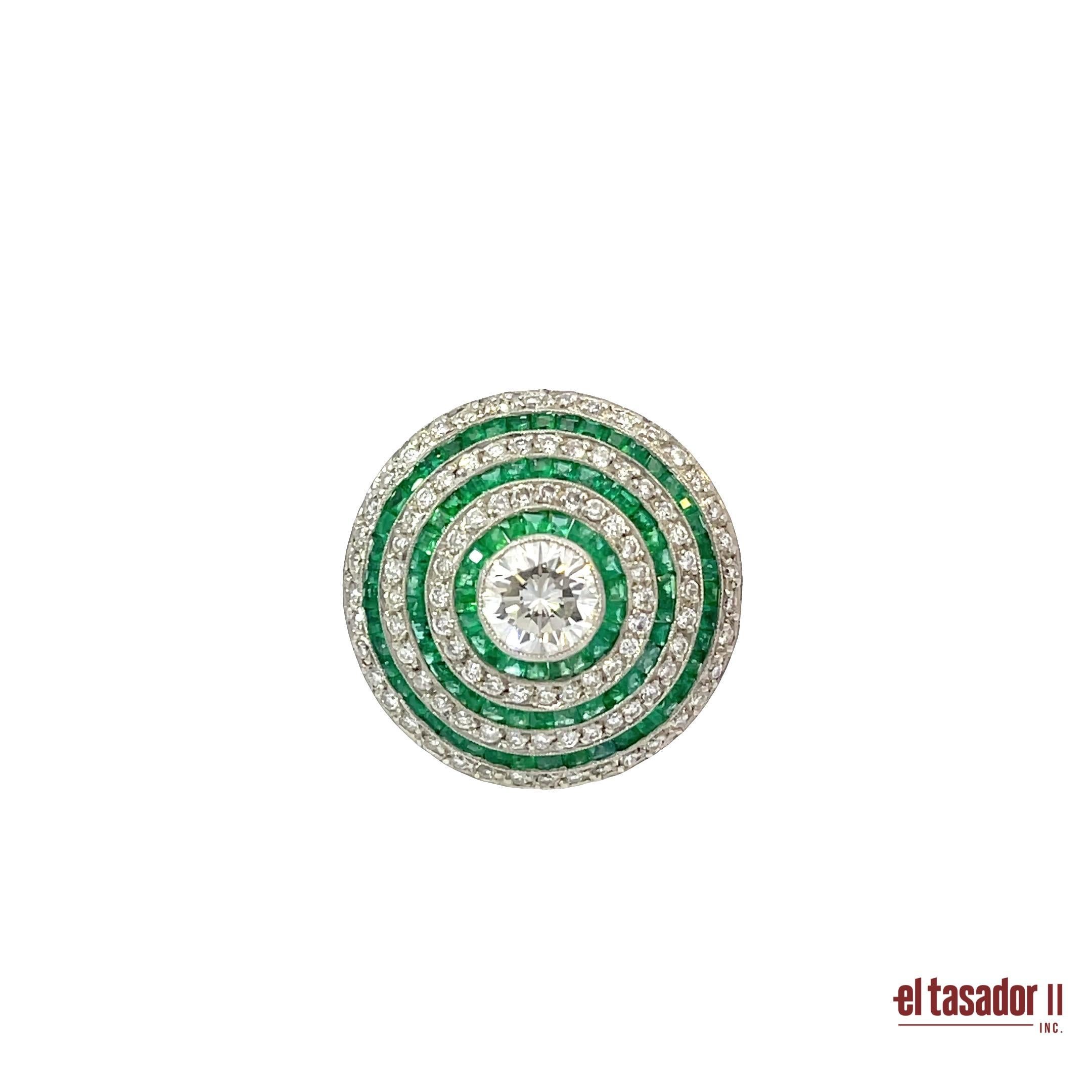 Art deco Platin Rund Diamant & Smaragd Ring im Angebot 1