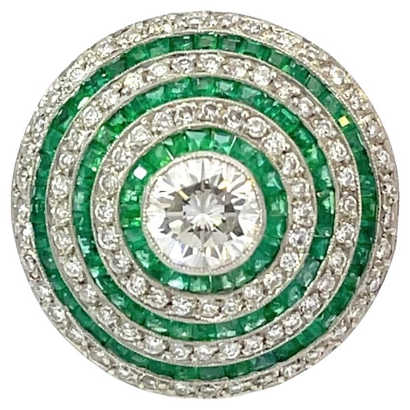 Anello in platino Art déco con diamante rotondo e smeraldo