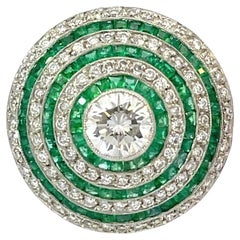 Anello in platino Art déco con diamante rotondo e smeraldo