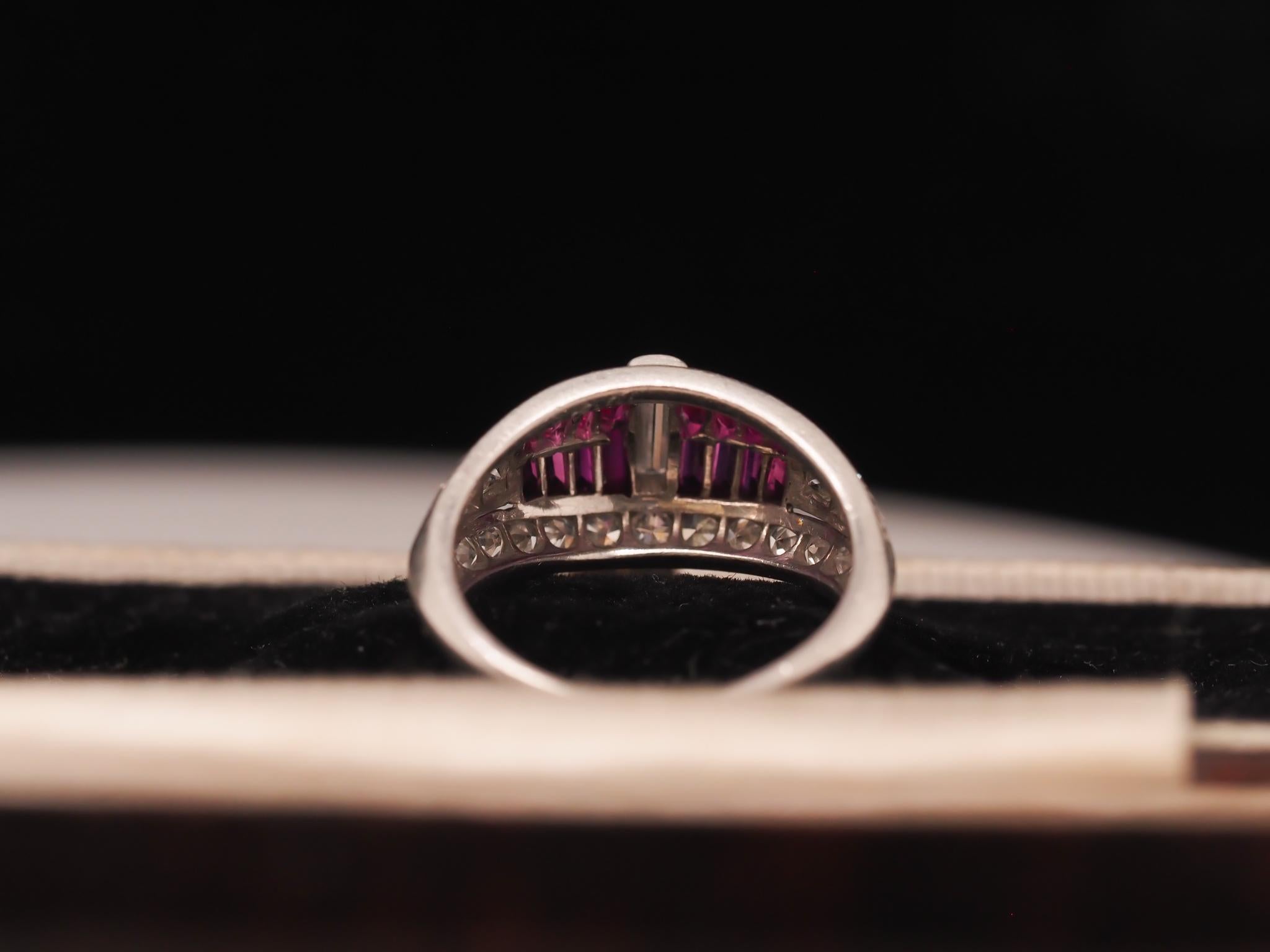 Baguette Cut Art Deco Platinum Ruby and Baguette Diamond Ring For Sale