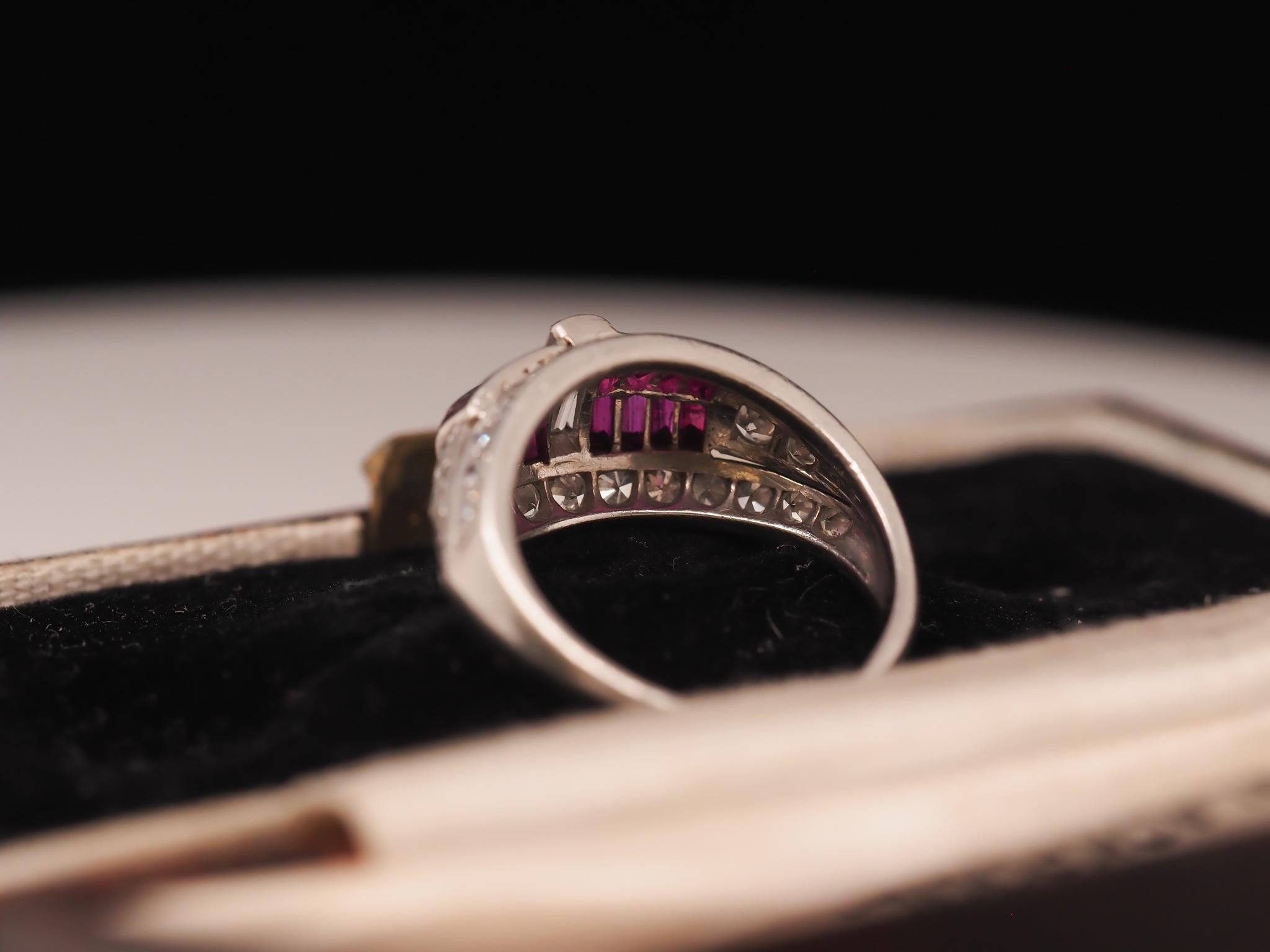 Women's Art Deco Platinum Ruby and Baguette Diamond Ring For Sale