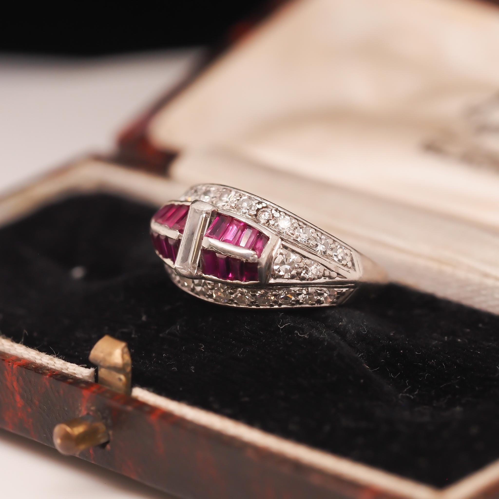 Art Deco Platinum Ruby and Baguette Diamond Ring For Sale 2