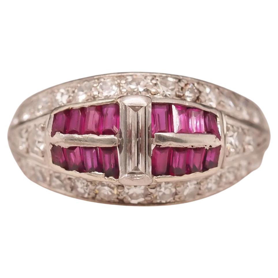 Art Deco Platinum Ruby and Baguette Diamond Ring For Sale