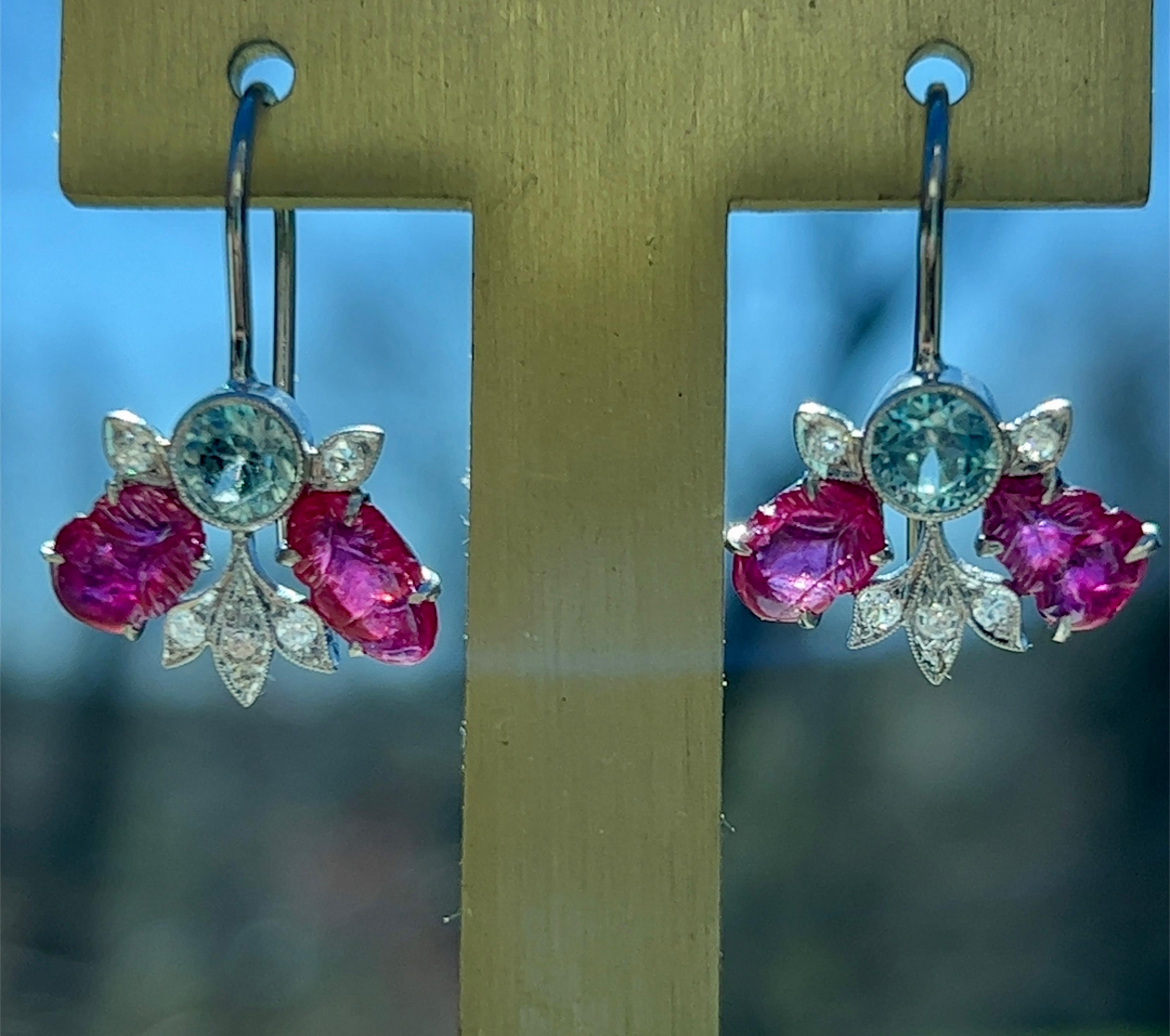 Art Deco Platinum Ruby, Blue Zircon, and Diamond Earrings In Good Condition In Towson, MD